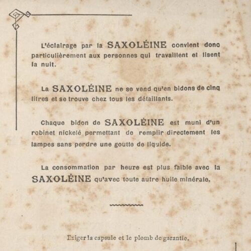 18 x 12 εκ. 6 σ. χ.α. + 192 σ. + 6 σ. χ.α., όπου στη ράχη η τιμή του βιβλίου “3 fr. 50�